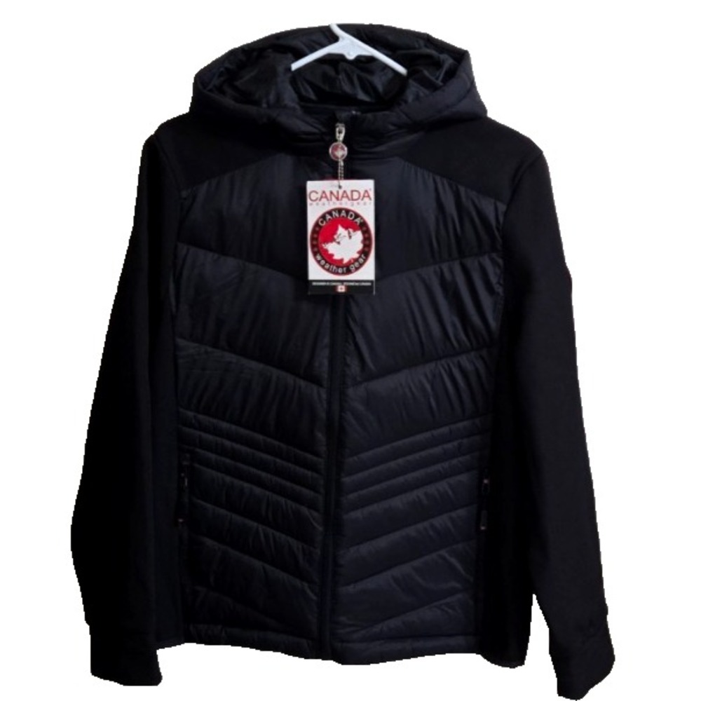 Canada Weather Gear Puffer Jacket Hooded Hybrid Soft Shell Womens L Black NWT